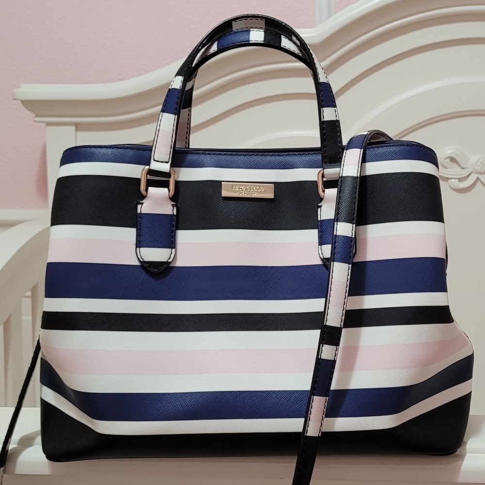 Kate Spade blue pink white stripe purse with strap